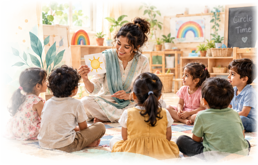 Watercolour of a teacher holding up a sun picture card during circle time with children seated on the floor