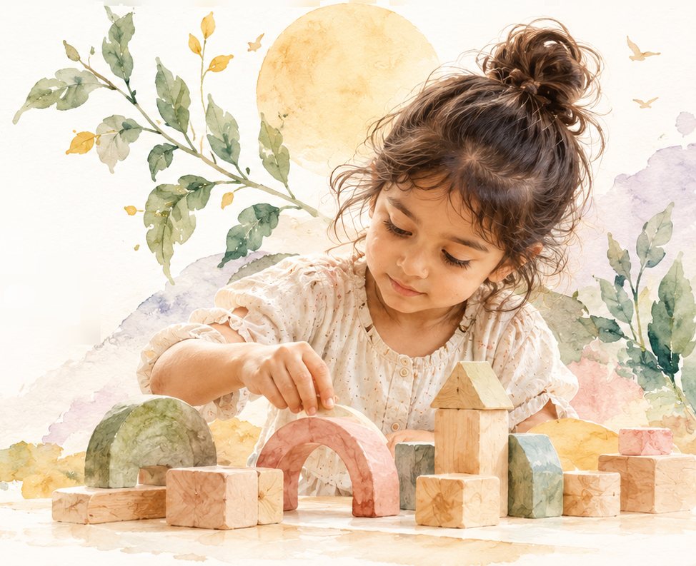 Watercolour of a young girl building with wooden blocks